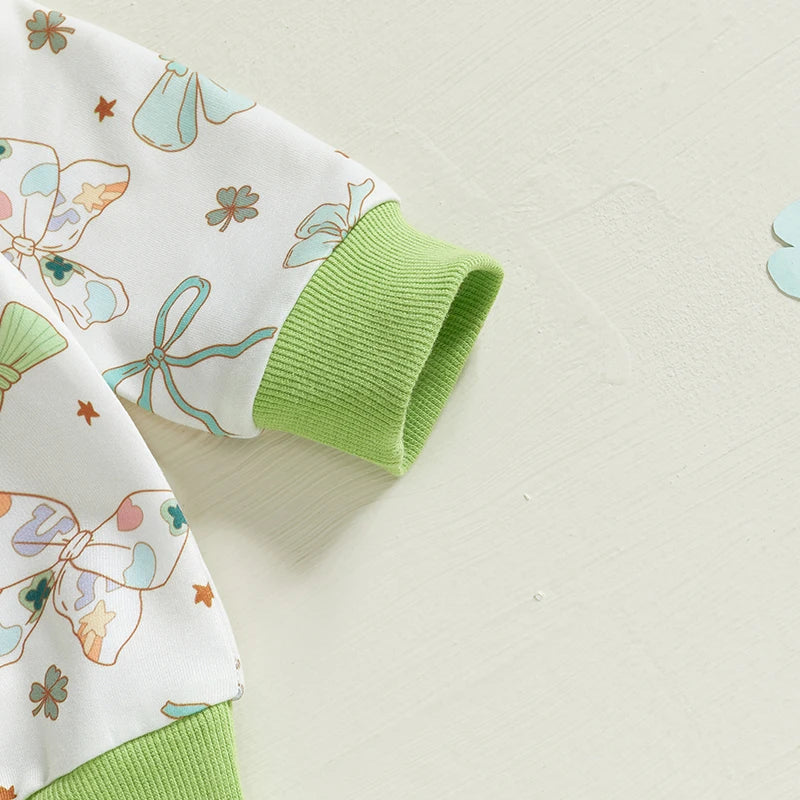 Baby Toddler Girls 3Pcs St. Patrick's Day Outfit Bow Four Leaf Clover Shamrock Print Crew Neck Long Sleeve Top Long Pants Headband Jogger Set