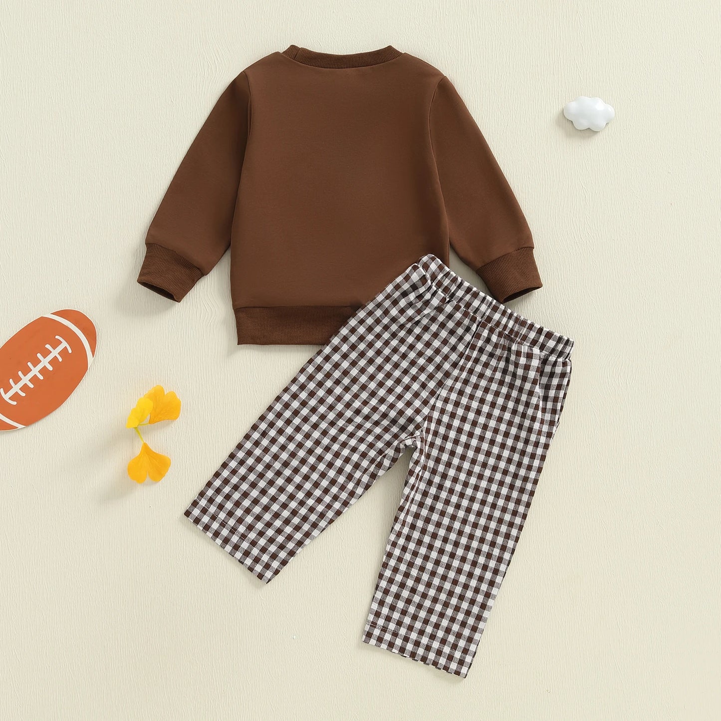 Baby Toddler Boys 2Pcs Fall Set Fashionable Long Sleeve Football Embroidery Pullover with Plaid Pants Outfits