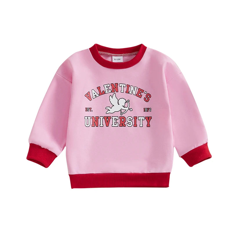 Baby Toddler Girls Valentine’s Day Long Sleeve Valentines University Cupid / I Love You Heart Letter Print Pullover Top