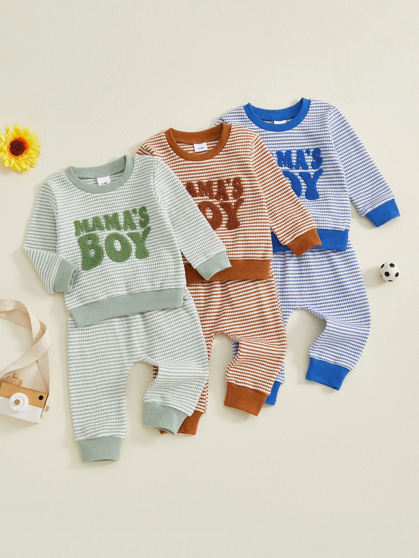 Baby Toddler Boys 2Pcs Fall Striped Outfit Letter Embroidery Long Sleeve Top and Elastic Pants Jogger Set