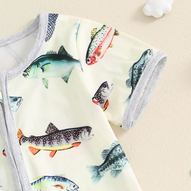 Baby Toddler Boy Girl Summer Romper Fish Print Short Sleeves Round Neck Front Zipper Jumpsuit