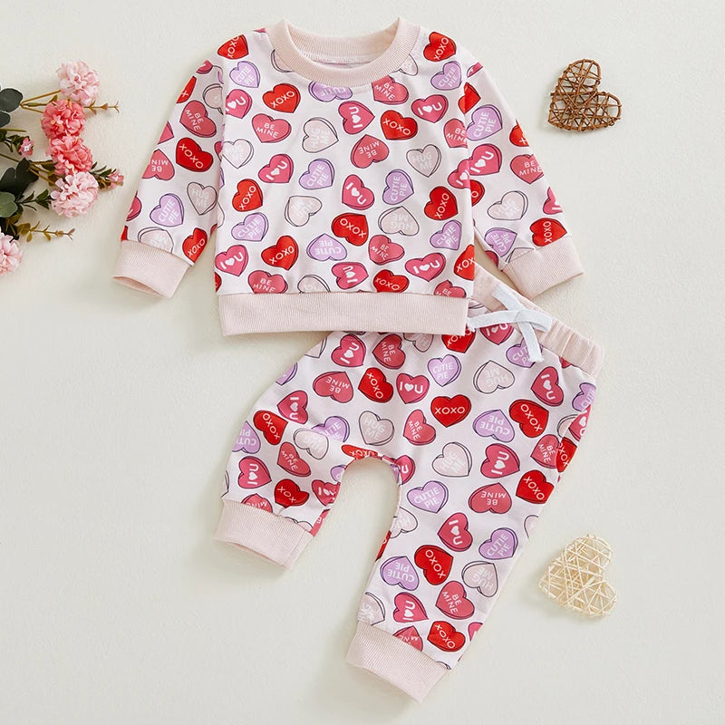 Baby Toddler Boys Girls 2Pcs Valentine's Day Outfit Heart Letter XOXO Love Long Sleeve Crewneck Top and Elastic Pants Valentines Jogger Set