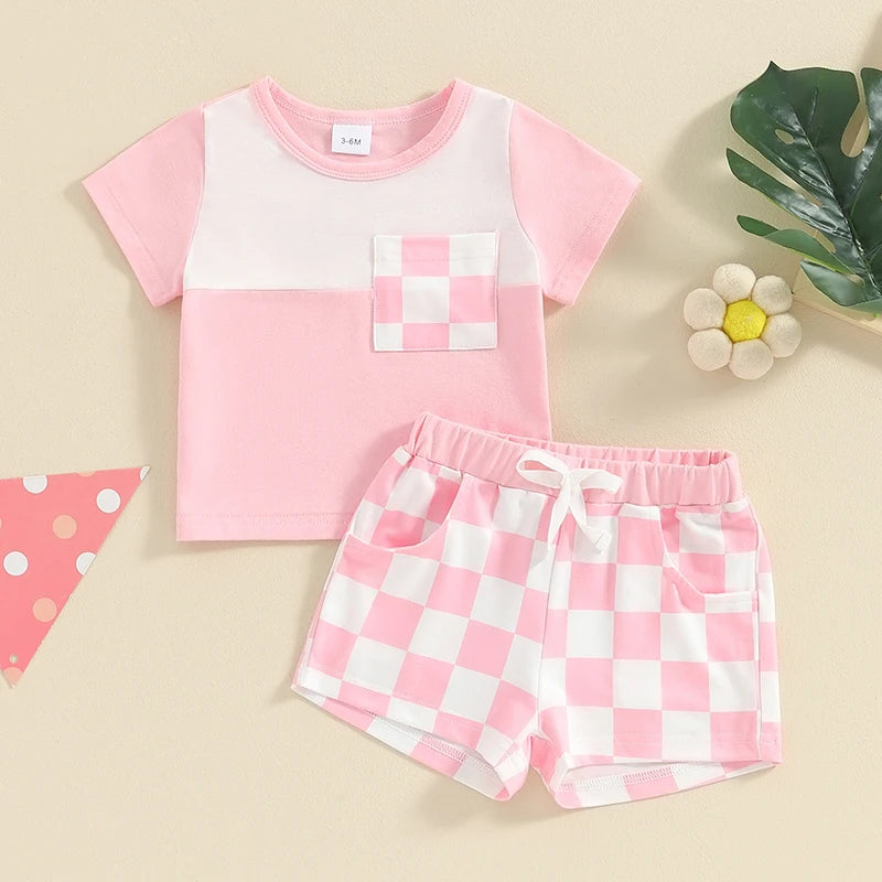 Baby Toddler Girl 2Pcs Shorts Outfit Checkered Print Short Sleeve Pocket Top with Checker Elastic Waist Shorts Set