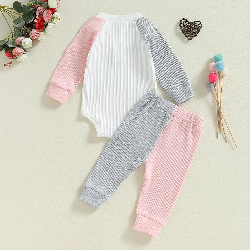 Baby Girls 2Pcs Outfit Contrast Color Long Raglan Sleeve Romper and Elastic Pants Set