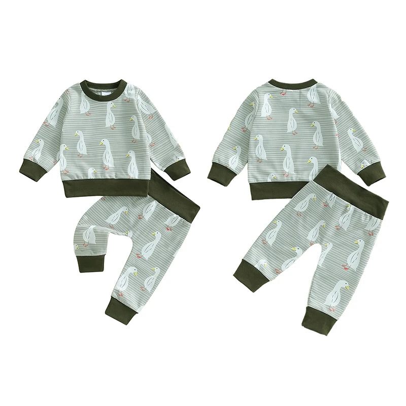 Baby Toddler Boys Girls 2Pcs Fall Outfit Duck Print Long Sleeve Top Elastic Waist Pants Set