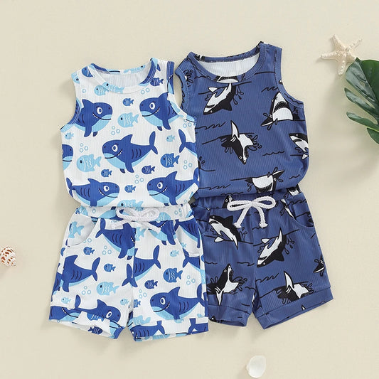 Baby Toddler Boys 2Pcs Summer Outfit Cartoon Shark Print Round Neck Tank Top with Elastic Waist Shorts Set