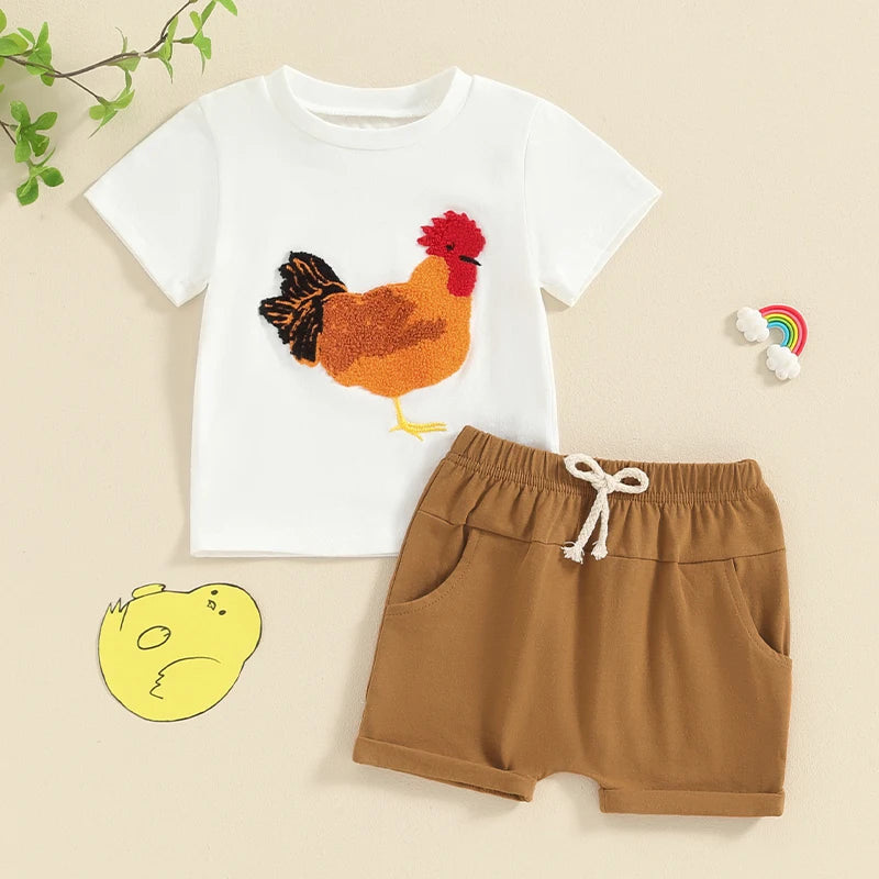 Baby Toddler Kids Boys 2Pcs Outfit Chicken Rooster Short Sleeve Top and Elastic Shorts  Set