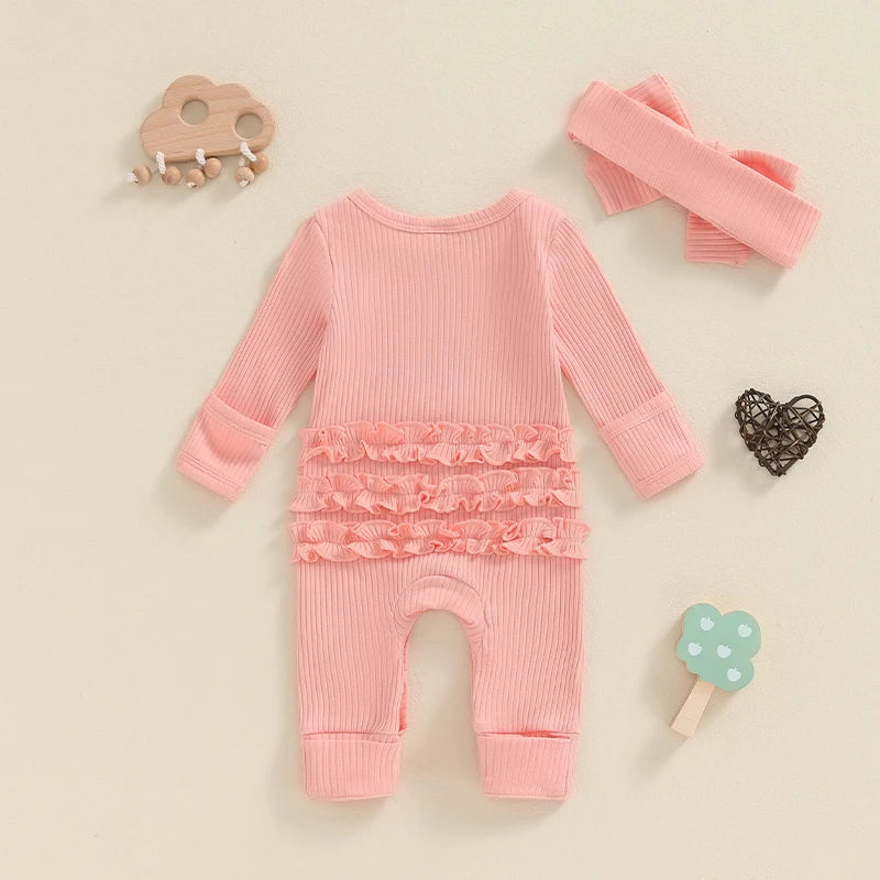 Baby Girl 2Pcs Hello I'm New Here Romper Letter Print Ribbed Long Sleeve Round Neck Full Length Jumpsuit with Headband Set