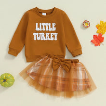 Load image into Gallery viewer, Baby Toddler Girls 2Pcs Little Turkey Autumn Outfit Long Sleeve Letter Embroidery Pullover Top with Plaid Tulle Tutu Skirt Set
