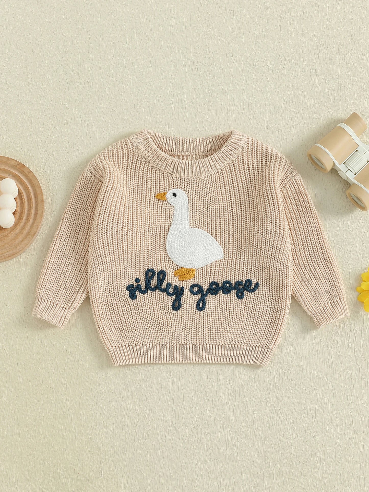 Baby Toddler Boys Girls Silly Goose Sweater Animal Letter Embroidered Crewneck Long Sleeve Pullover Knit Top
