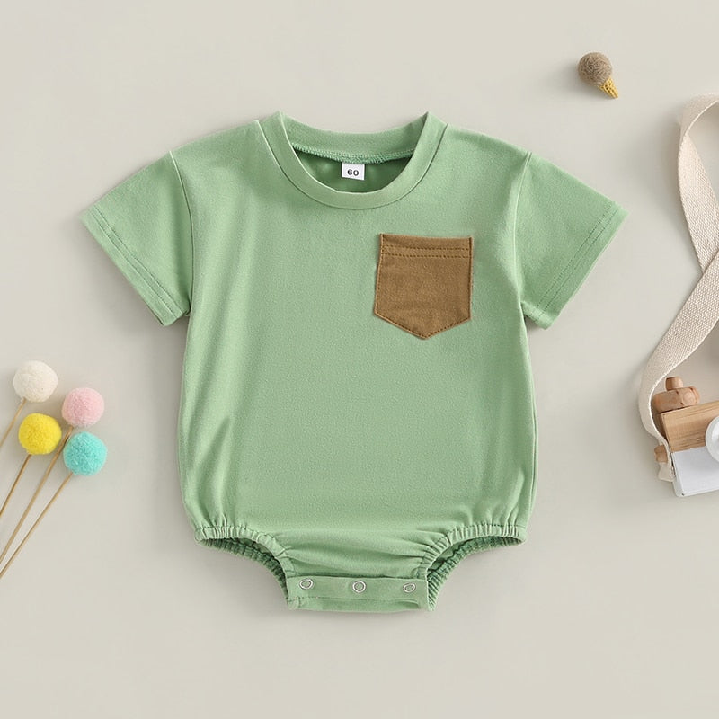 Infant Baby Boy Girl Summer Bodysuit Solid Short Short Sleeve Jumpsuit with Pocket Outfit Bubble Romper