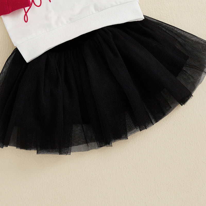 Baby Toddler Girls 2Pcs Heart You Forever Valentine's Day Set Long Sleeve Letters Print Contrast Color Crewneck Top with Tulle Tutu Skirt Valentines Outfit