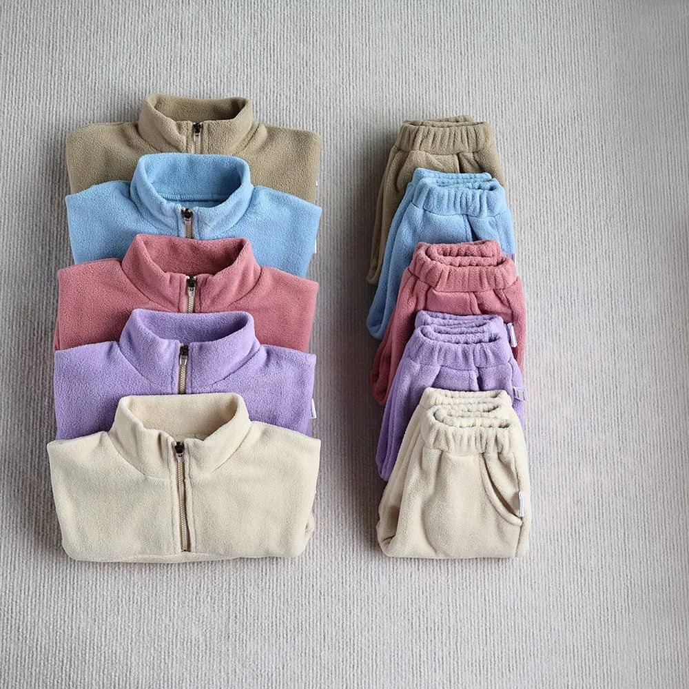 Baby Toddler Boys Girls 2Pcs Sports Sets Fleece Solid Long Sleeve Top Quarter Zip Elastic Waist Pants Outfit