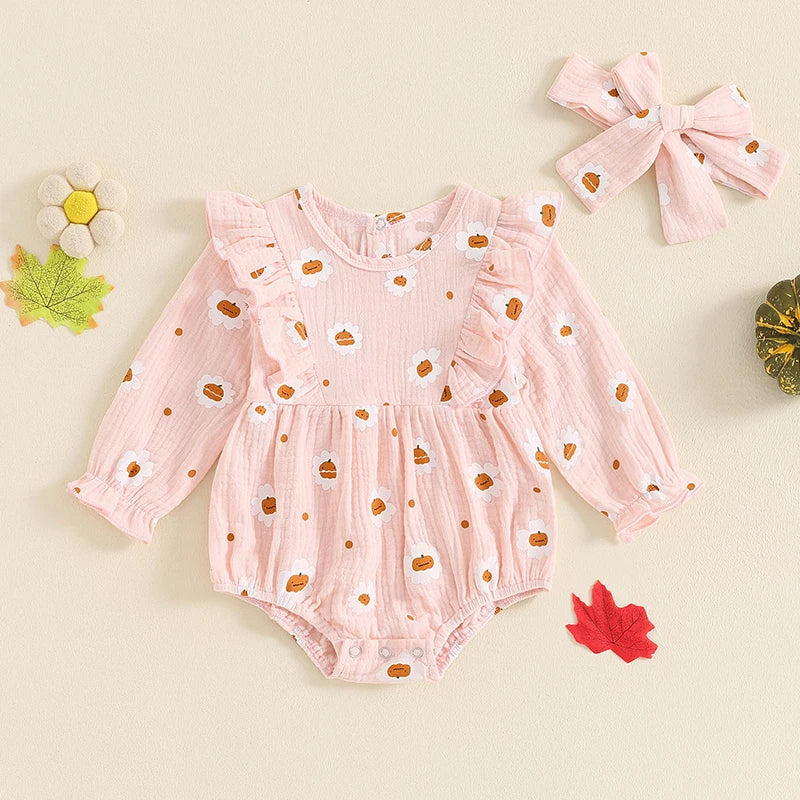 Baby Girls 2Pcs Halloween Thanksgiving Outfit Long Sleeve Pumpkin Flower Pie Print Romper with Headband Set