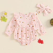 Load image into Gallery viewer, Baby Girls 2Pcs Halloween Thanksgiving Outfit Long Sleeve Pumpkin Flower Pie Print Romper with Headband Set
