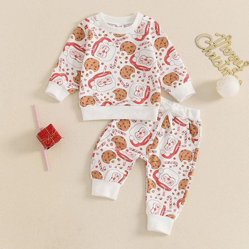 Baby Toddler Girls Boys 2Pcs Christmas Jogger Set Cookie Santa Claus Print Long Sleeve Top with Pants Outfit