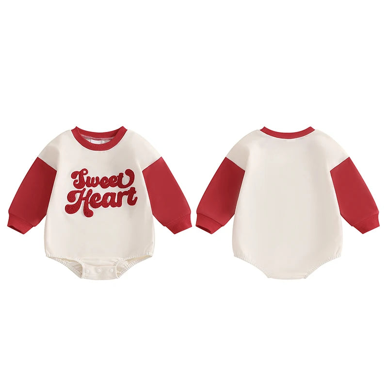 Baby Girls Boys Sweet Heart Valentine's Day Romper Long Sleeve O Neck Letter Embroidery Raglan Bubble Romper Valentines