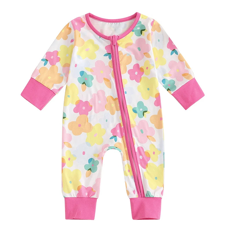 Baby Girls Jumpsuit Long Sleeve Crew Neck Flower Pumpkin Bow Print Zipper Romper