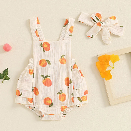 Baby Toddler Girls Romper Peach Print Sleeveless Square Neck Side Tiered Ruffled Jumpsuit with Headband Set