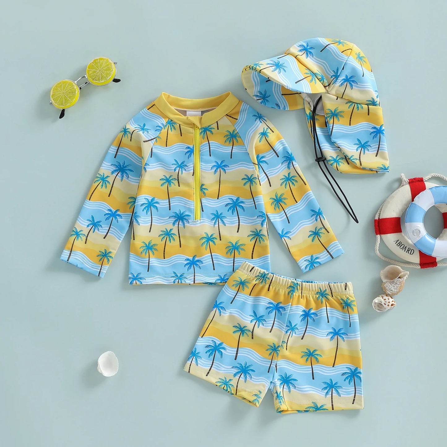 Baby Toddler Boys 3Pcs Rash Guard Swimsuit Set Palm Tree Print Long Sleeve Round Neck Top and Shorts Hat Set