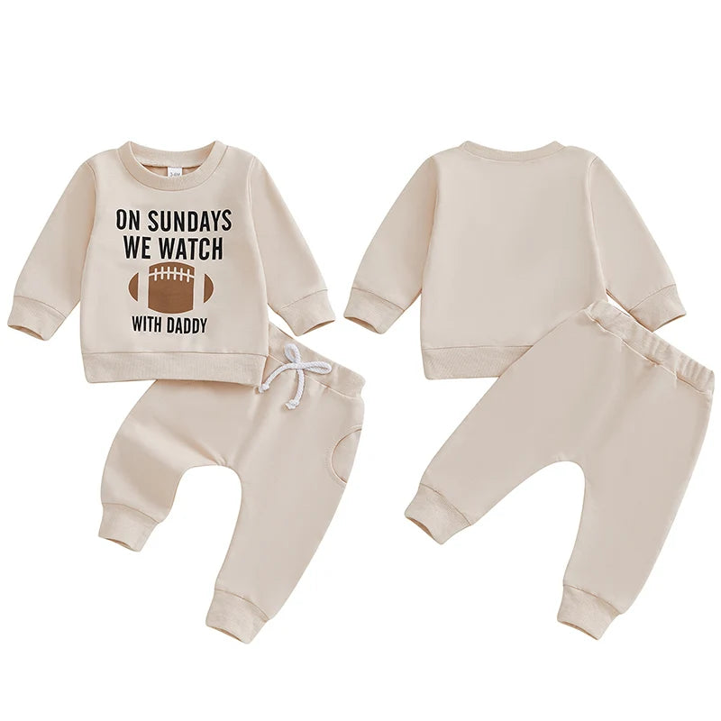 Baby Toddler Boys Girls 2Pcs Fall Outfit On Sundays We Watch Football With Daddy Letter Print Long Sleeve Top Elastic Pants Set