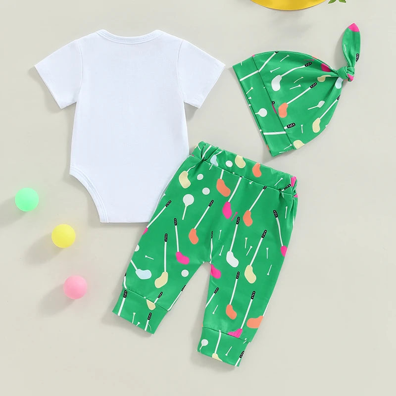 Baby Boys 3Pcs I Just Shanked My Pants Summer Outfit Letter Golf Print Crew Neck Short Sleeve Romper Long Pants Hat Clothes Set