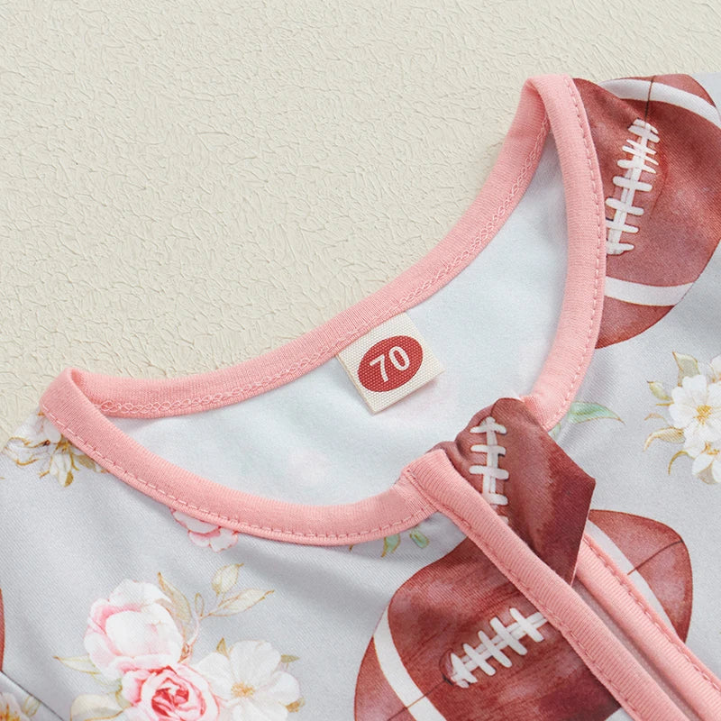 Baby Girl 2Pcs Fall Outfit Long Sleeve Football Flower Print Jumpsuit Zipper Romper with Headband Bow Set