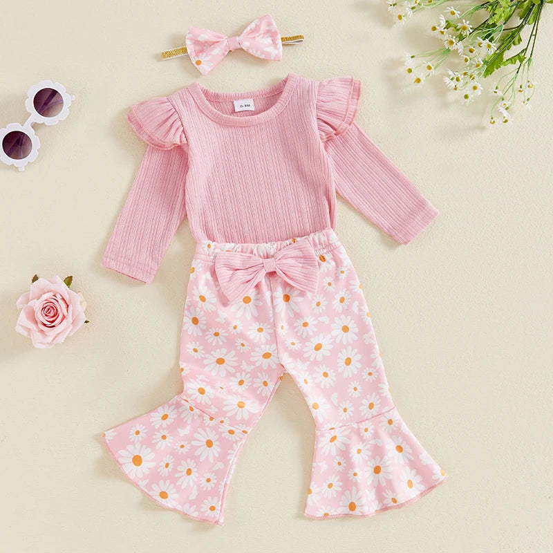 Baby Girl 3Pcs Fall Outfit Long Sleeve Ribbed Romper Daisy Flower Flare Pants Bow Headband Set