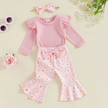 Load image into Gallery viewer, Baby Girl 3Pcs Fall Outfit Long Sleeve Ribbed Romper Daisy Flower Flare Pants Bow Headband Set
