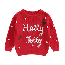 Load image into Gallery viewer, Baby Toddler Girls Boys Holly Jolly Christmas Sweater Classic Long Sleeve Letter Embroidery Knit Pullover Top
