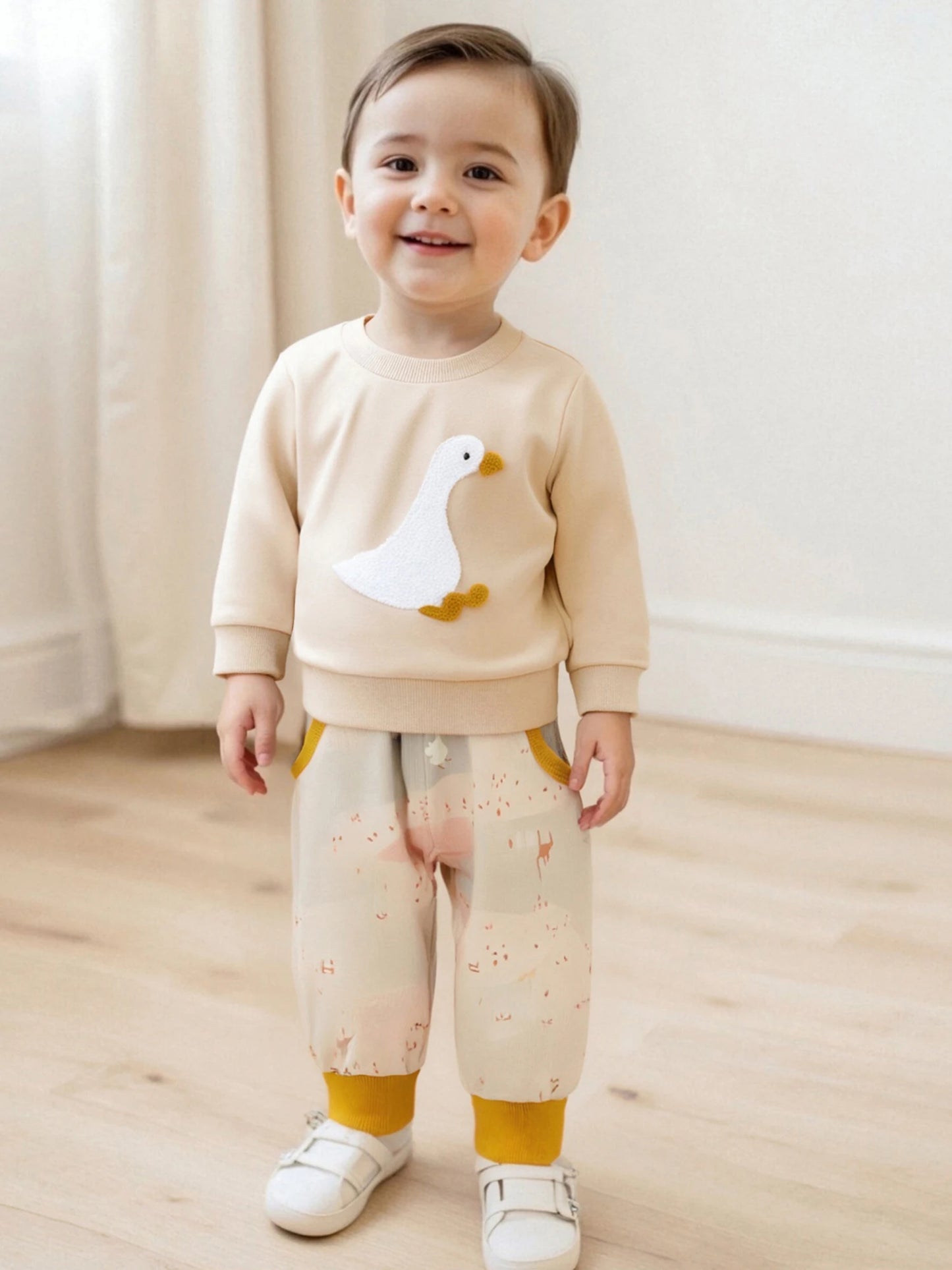Baby Toddler Boys 2Pcs Fall Set Fashionable Long Sleeve Chicken/Duck Embroidery Pullover Top with Print Jogger Pants 2 Pcs Outfits
