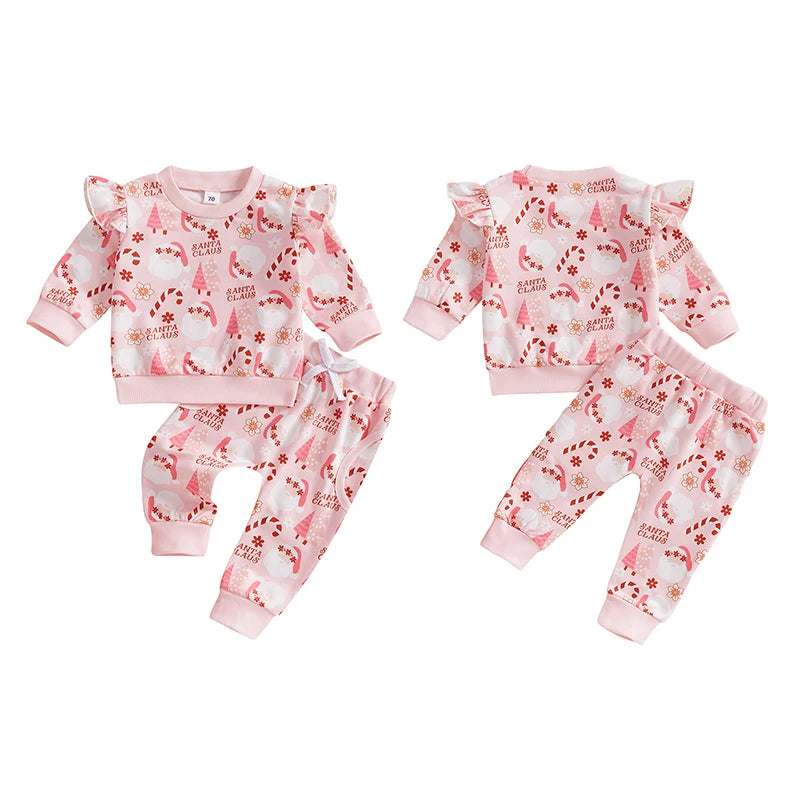 Baby Toddler Girls 2Pcs Pink Christmas Jogger Set All-over Santa Claus Print Ruffled Long Sleeve Top Long Pants Outfit