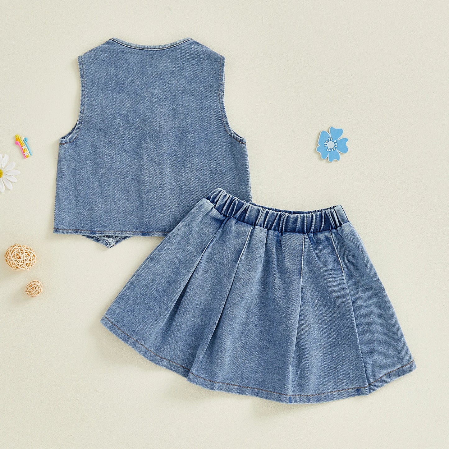 Toddler Kids Girls 2Pcs Denim Set Solid Color V-Neck Button Down Vest and Pleated Skirt 2 Piece Outfit