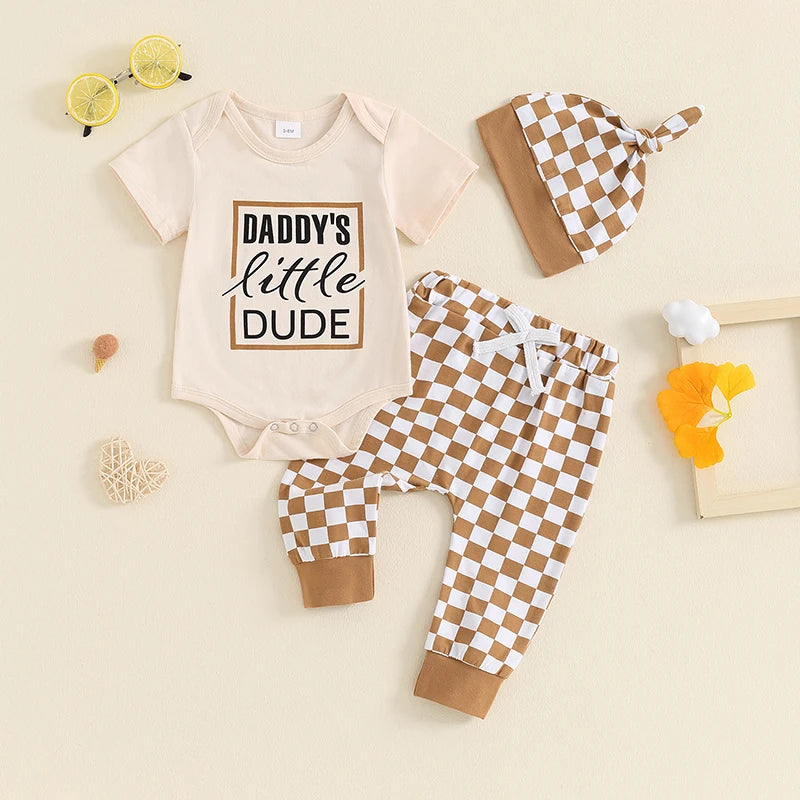 Baby Boys 3Pcs Outfit Daddy's Little Dude Letter Print Crew Neck Short Sleeve Romper Checkerboard Print Long Pants Hat Set