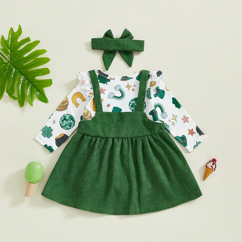 Baby Girls 3Pcs St. Patrick's Day Outfit Cartoon Print Ruffles Long Sleeve Romper and Four Leaf Clover Suspender Skirt Dress Headband Set