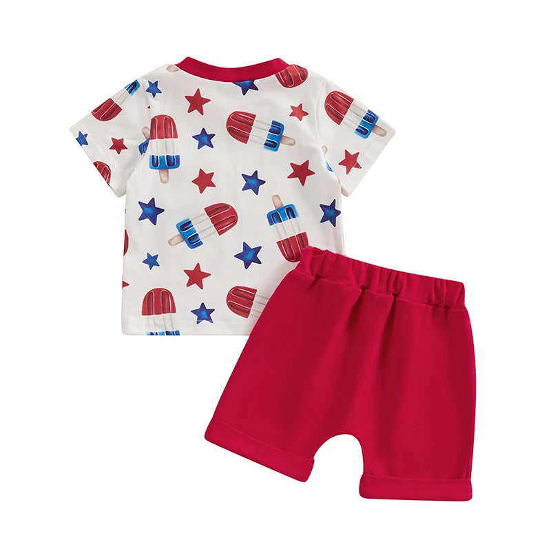 Baby Toddler Boy 2Pcs 4th of July Outfit Star Popsicle Print Short Sleeve Top with Pocket + Elastic Waist Shorts Independence Day Set