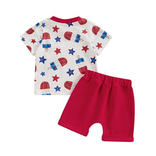 Load image into Gallery viewer, Baby Toddler Boy 2Pcs 4th of July Outfit Star Popsicle Print Short Sleeve Top with Pocket + Elastic Waist Shorts Independence Day Set
