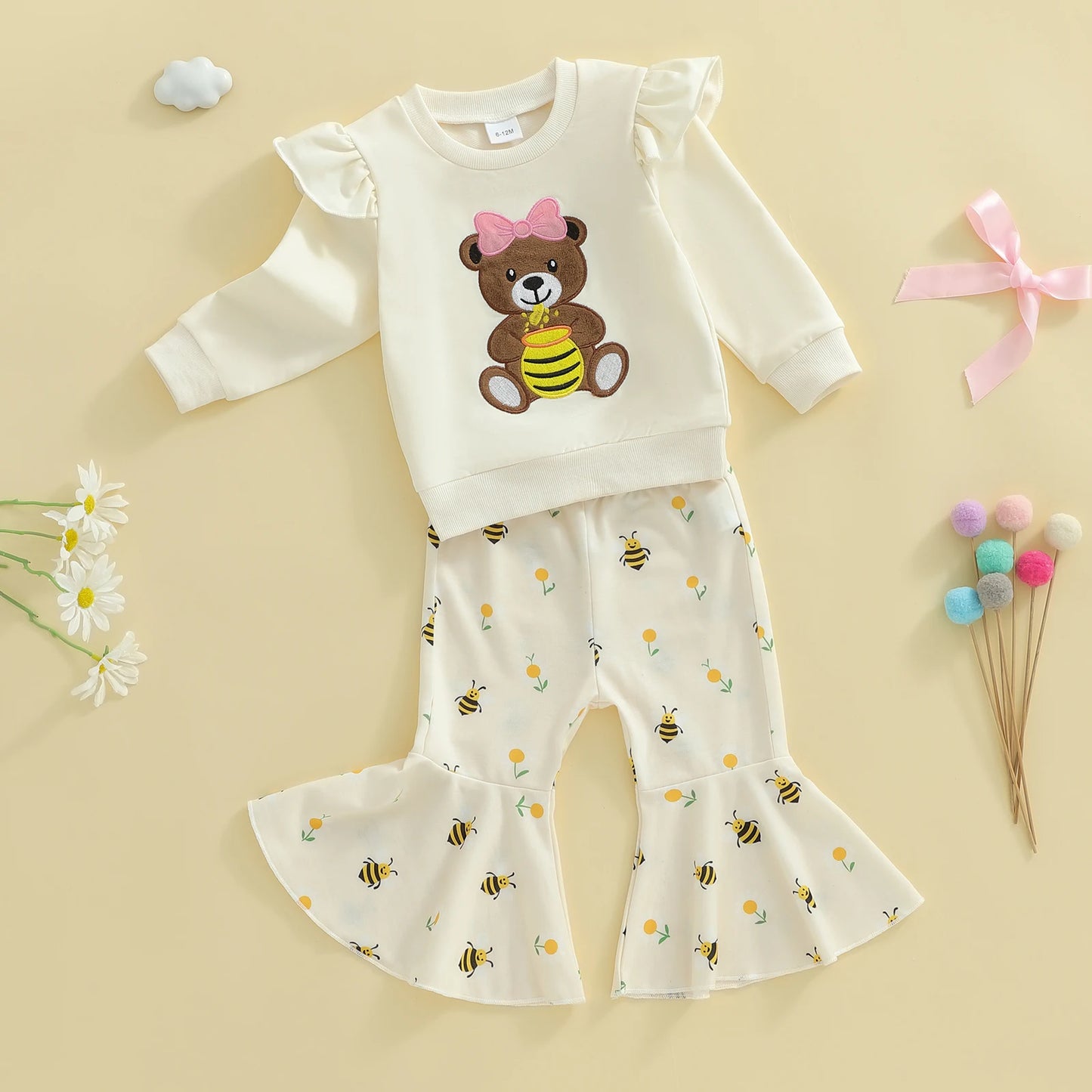 Baby Toddler Girls 2Pcs Pants Sets Long Sleeve O Neck Bear Embroidery Top Bee Print Flared Pants