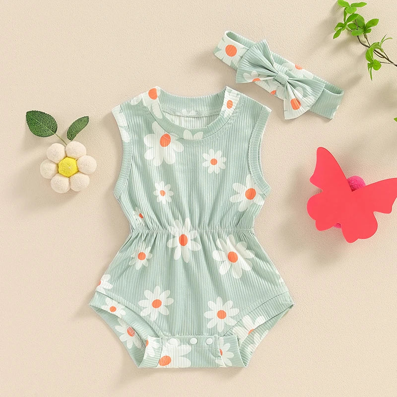 Baby Girls 2Pcs Rompers Daisy Print Round Neck Sleeveless Tank Top Bodysuit Summer Clothes with Headband