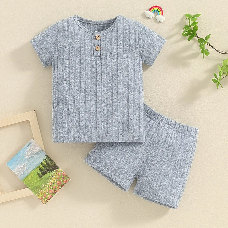 Baby Toddler Boy Girl 2Pcs Summer Clothes Plain Color Ribbed Knit Short Sleeve Button Top Elastic Waist Shorts Set Casual