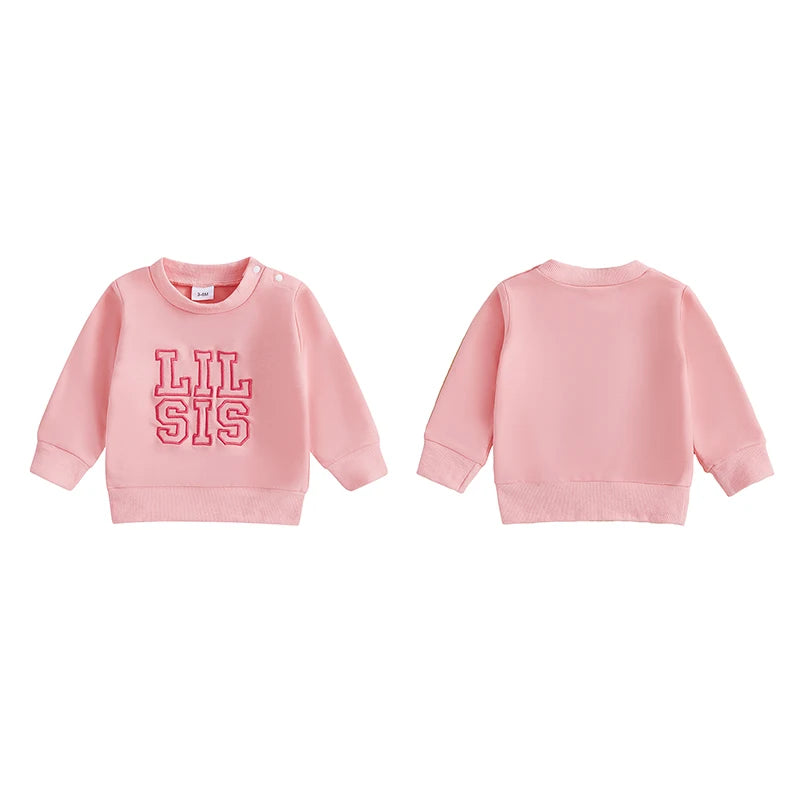 Baby Toddler Boys Girls Lil Sis/ Bro Long Sleeve Crewneck Top Words Letters Embroidered Sister Brother