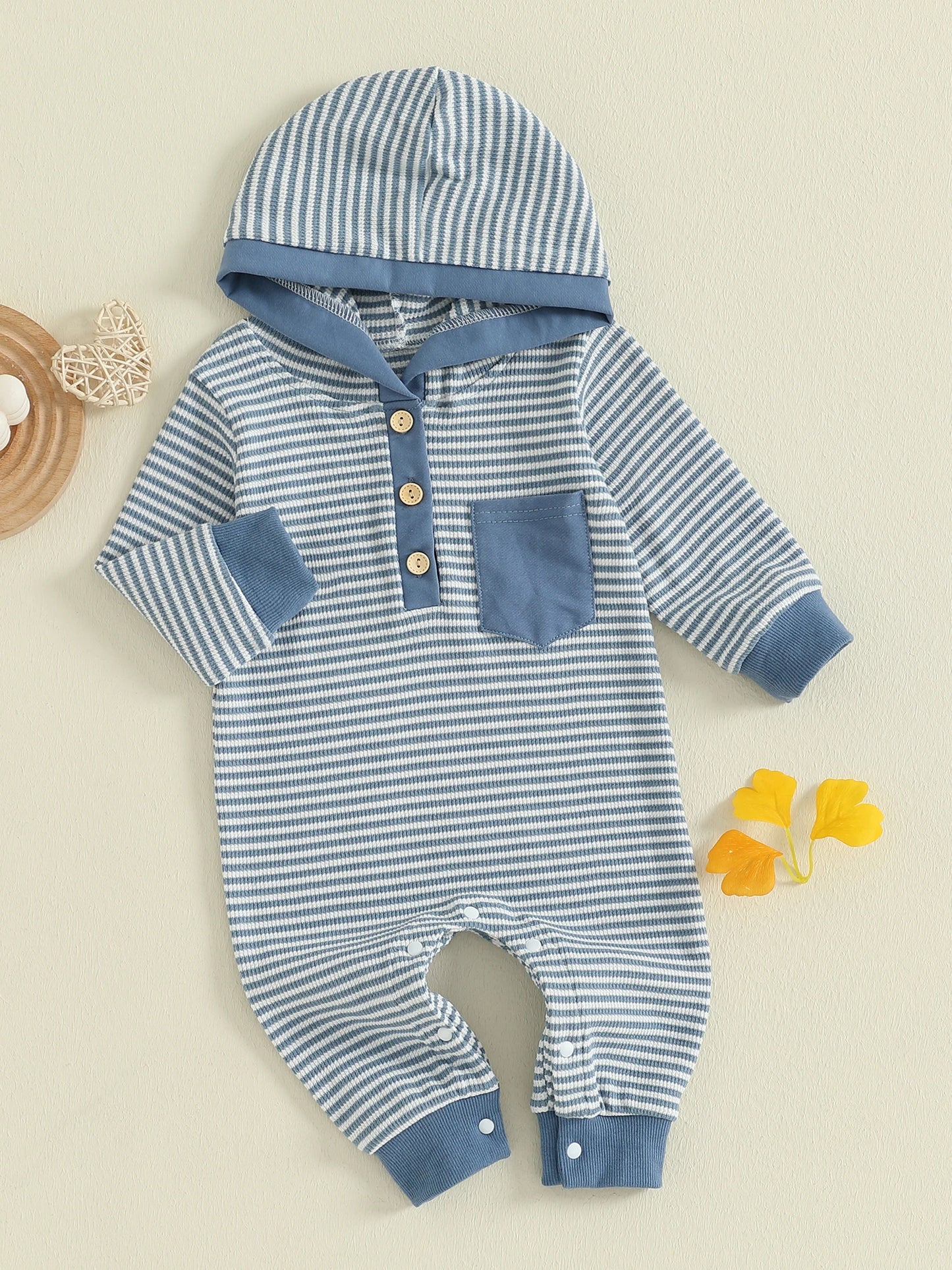 Baby Boy Striped Fall Romper Half Button-up Long Sleeve Hooded Jumpsuit Cute Waffle Clothes