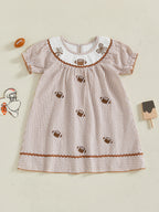 Toddler Kids Girl Dress Loose Fit Football Embroidered Plaid Crew Neck Short Sleeve Dress Summer Fall