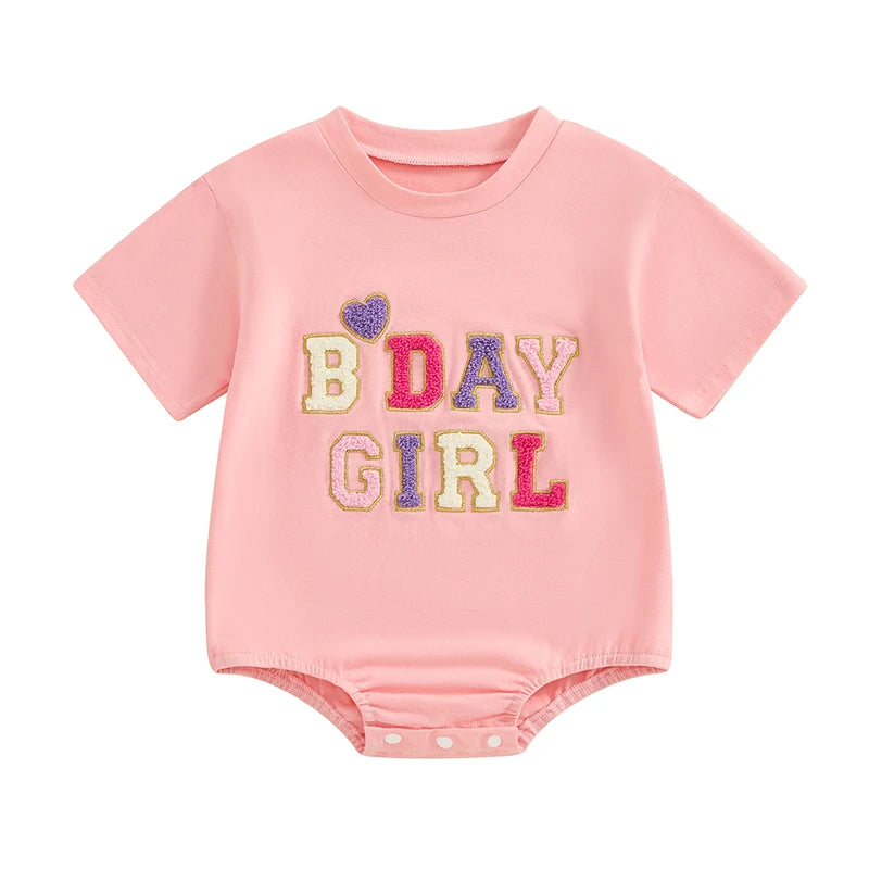 Baby Boys Girls BDAY BOY / GIRL First Birthday One Year Old Romper Short Sleeve Crew Neck Embroidery Heart Letters Bodysuit