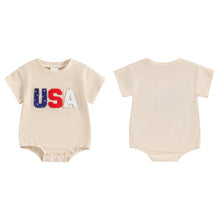 Load image into Gallery viewer, Baby Girls Boys 4th of July Romper O-Neck Short Sleeve USA Letter Embroidery Jumpsuit

