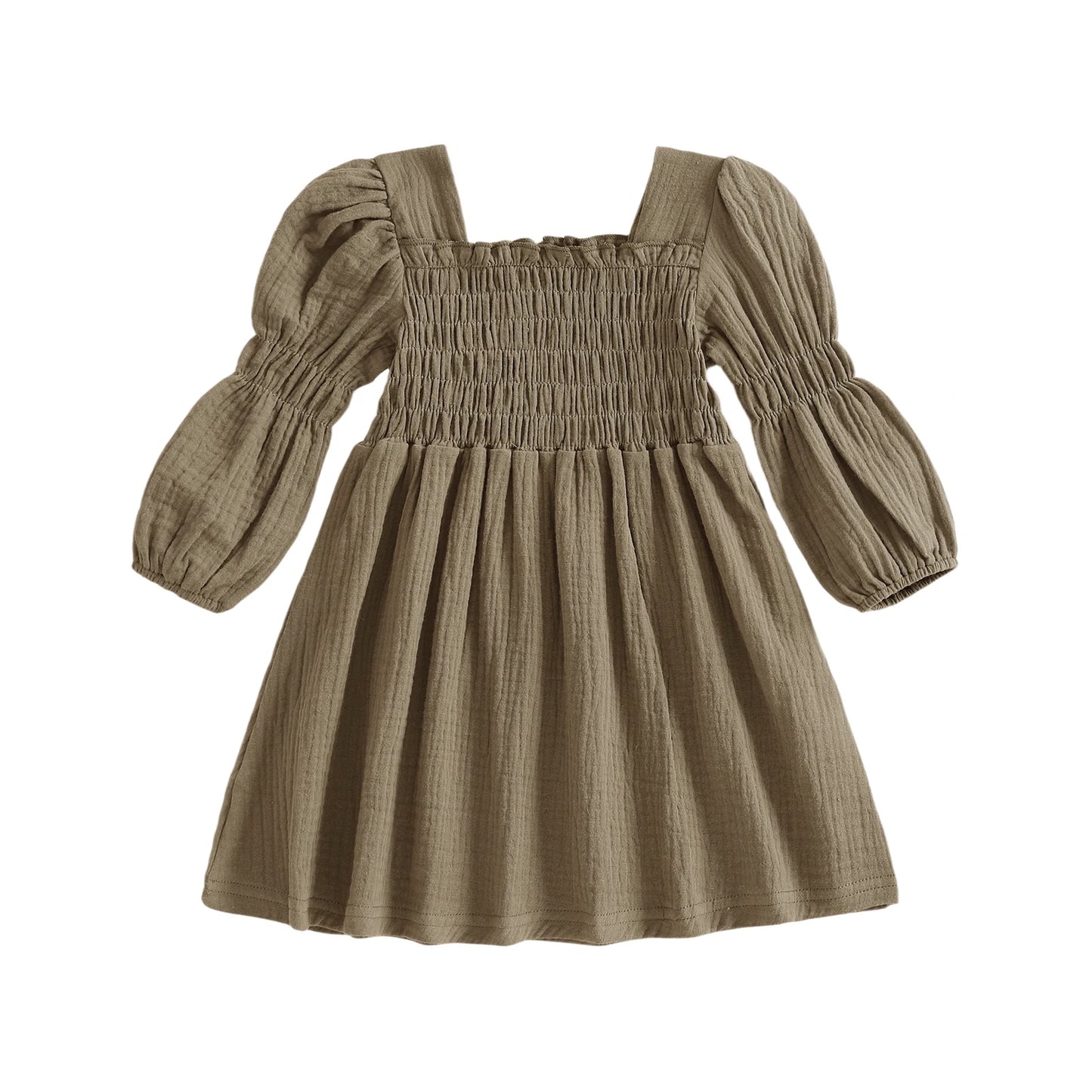 Baby Toddler Girl Bubble Sleeve Dress Stylish Solid Smocked Square Neck Long Sleeve A Line Dress
