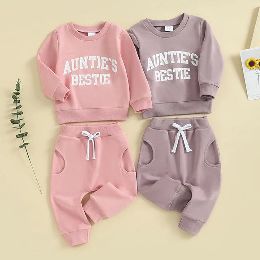 Baby Toddler Girls 2Pcs Outfit Auntie's Bestie Long Sleeve Crewneck Top Jogger Pants Set