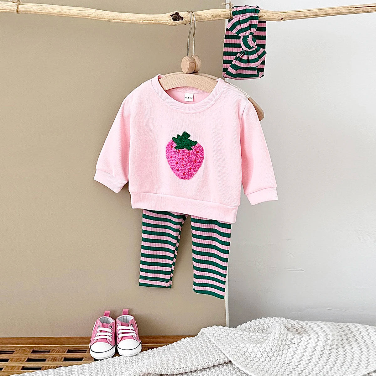 Baby Toddler Girls 3Pcs Set Strawberry Pullover Top Cotton Striped Pants Headband Outfit