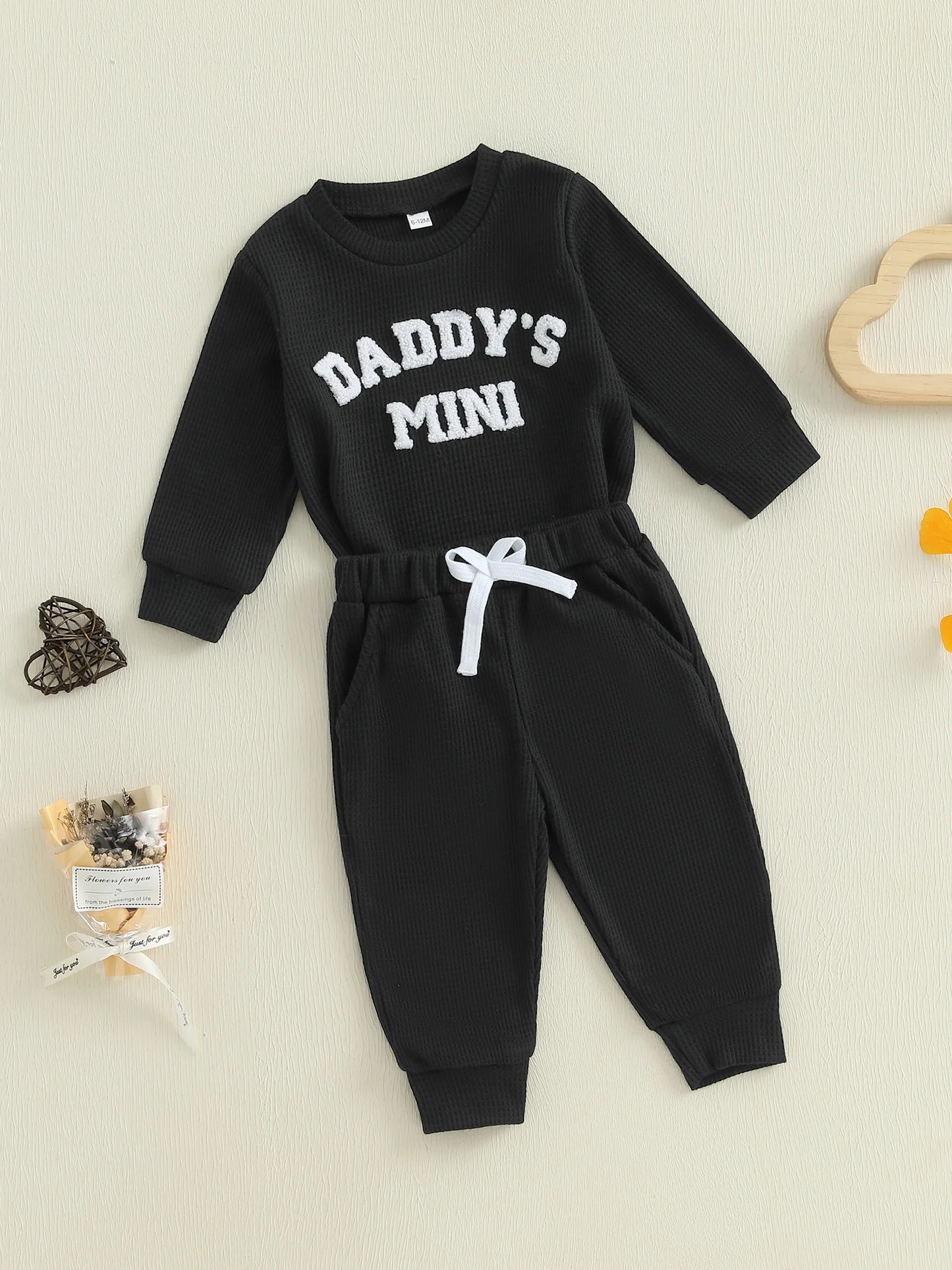 Baby Boy 2Pcs Daddy's Mini Fall Outfit Letter Embroidery Long Sleeve Romper Elastic Waist Jogger Pants 2Pcs Set