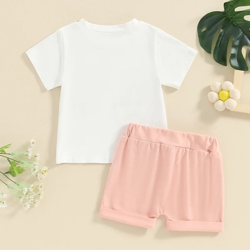 Baby Toddler Girl 2Pcs Mama's Girl Letter Embroidery Short Sleeve Round Neck Top with Solid Color Shorts Set